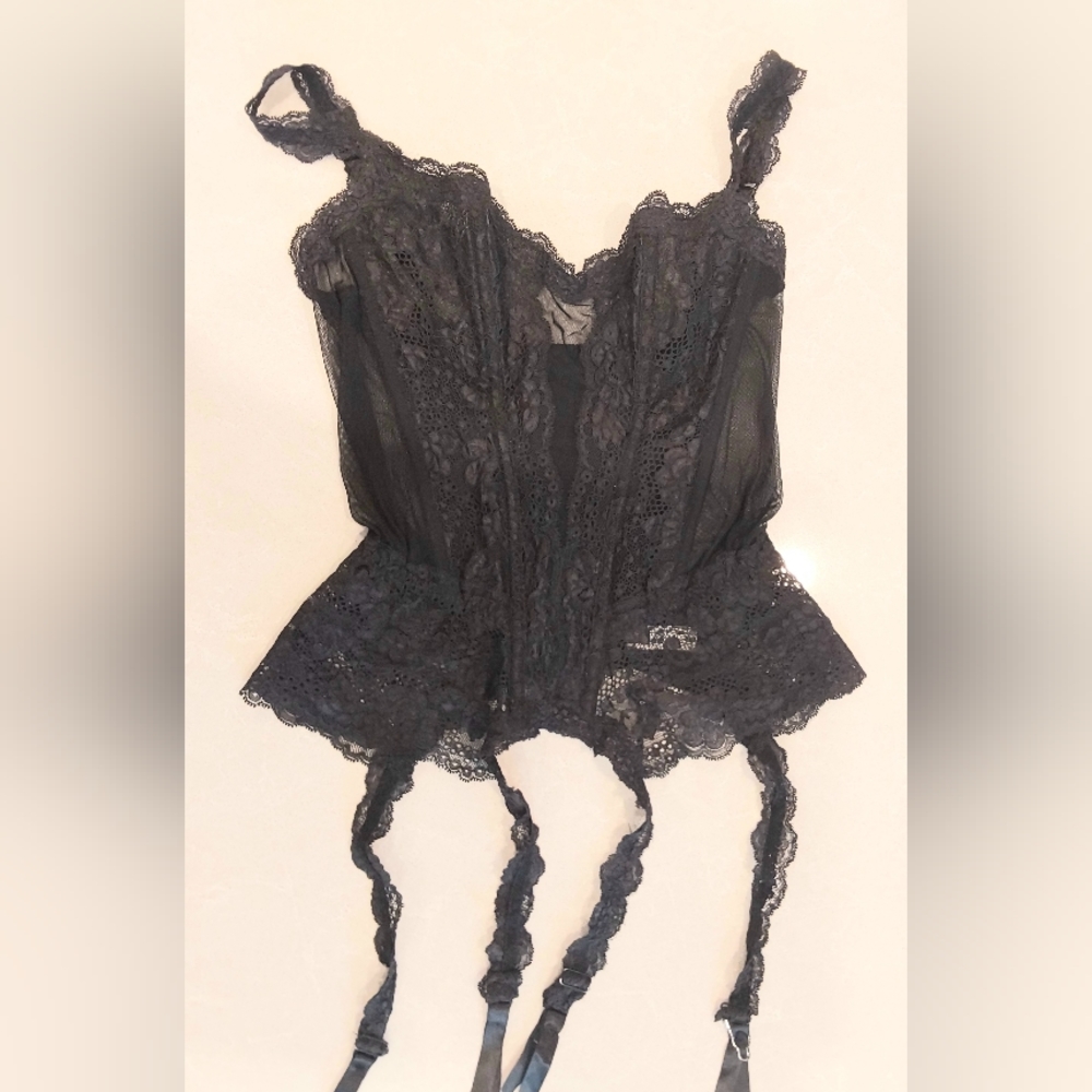 Lace lace and net sexy bustier with satin ribbon covered garters. Lg